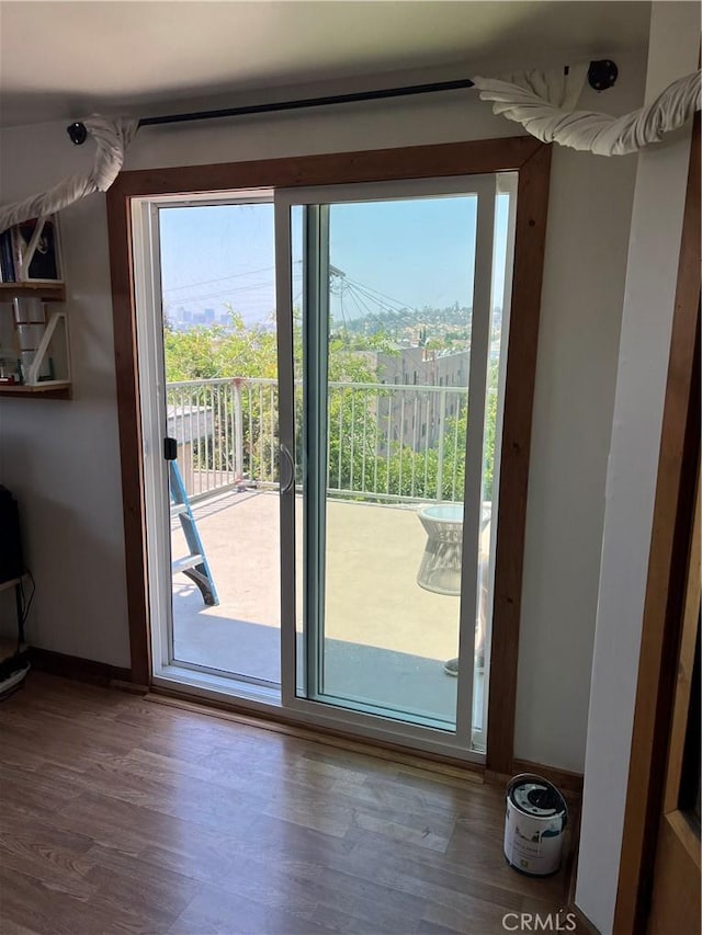 entryway featuring baseboards, a wealth of natural light, and wood finished floors