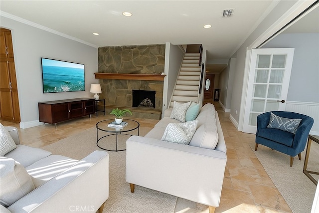 7122 Bluesails Dr, Huntington Beach, CA 92647 - living room featuring crown molding, stairs, recessed lighting, and light stone finish floors