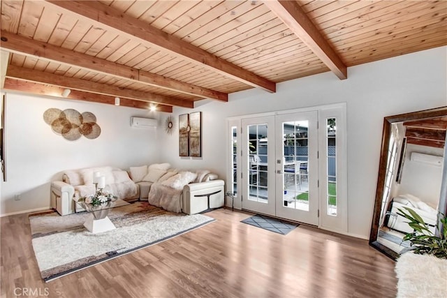 unfurnished living room with wood ceiling, french doors, and a wall mounted air conditioner