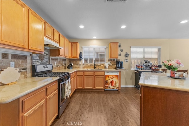 kitchen with stainless steel gas stove, light countertops, a sink, and under cabinet range hood