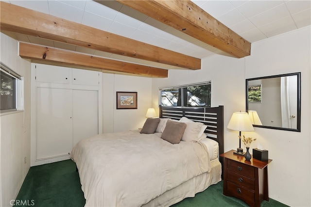 177 Joaquin Miller Rd, Lake Arrowhead, CA 92352 - carpeted bedroom with beamed ceiling and a closet