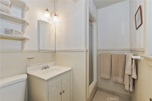 177 Joaquin Miller Rd, Lake Arrowhead, CA 92352 - bathroom with a shower stall, toilet, vanity, and tile patterned floors