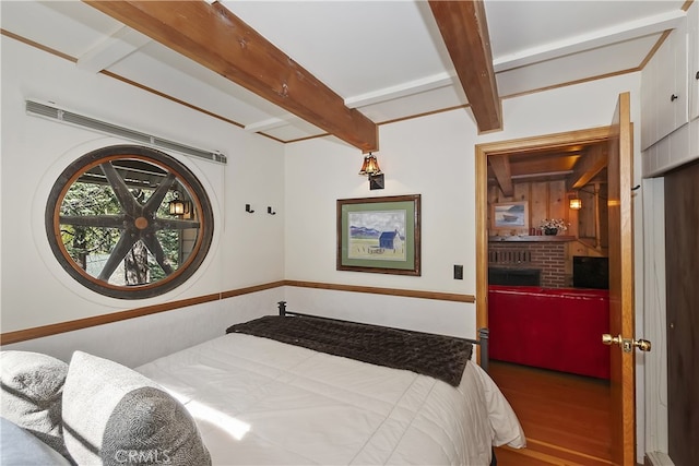 177 Joaquin Miller Rd, Lake Arrowhead, CA 92352 - bedroom with beamed ceiling and wood finished floors