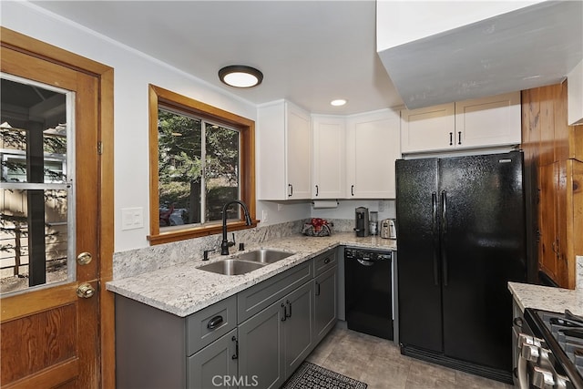 177 Joaquin Miller Rd, Lake Arrowhead, CA 92352 - kitchen featuring black appliances, a sink, light stone counters, white cabinets, and gray cabinetry