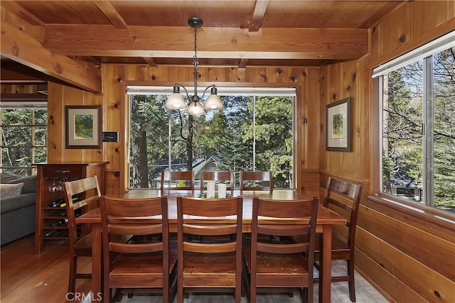 177 Joaquin Miller Rd, Lake Arrowhead, CA 92352 - dining room with beam ceiling, a chandelier, wood walls, wood finished floors, and wood ceiling