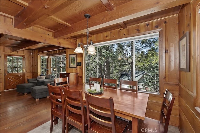 177 Joaquin Miller Rd, Lake Arrowhead, CA 92352 - dining room with wooden walls, beamed ceiling, wood finished floors, wood ceiling, and a chandelier