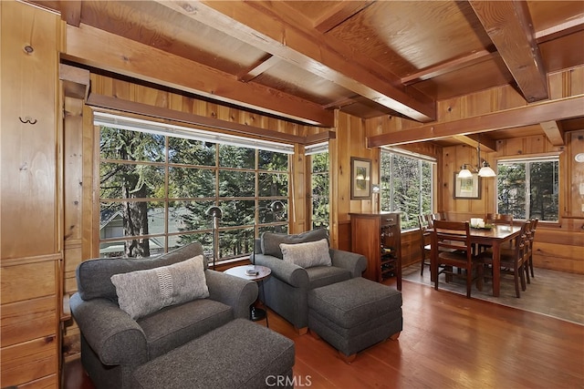 177 Joaquin Miller Rd, Lake Arrowhead, CA 92352 - living area with wood finished floors, wood walls, and beamed ceiling