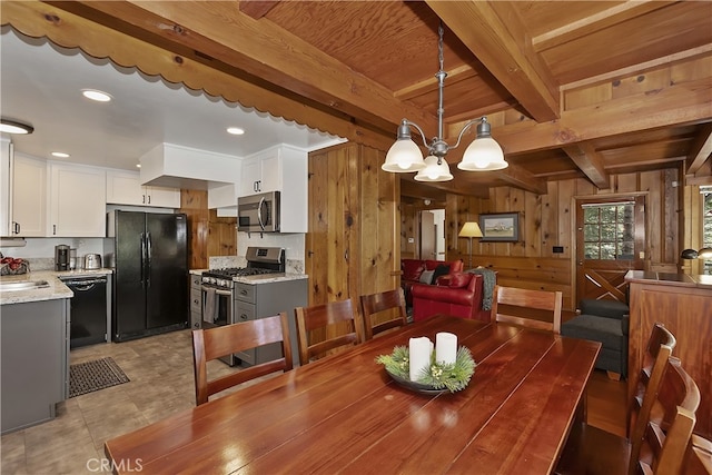 177 Joaquin Miller Rd, Lake Arrowhead, CA 92352 - dining room with a chandelier, beam ceiling, wooden walls, wooden ceiling, and recessed lighting