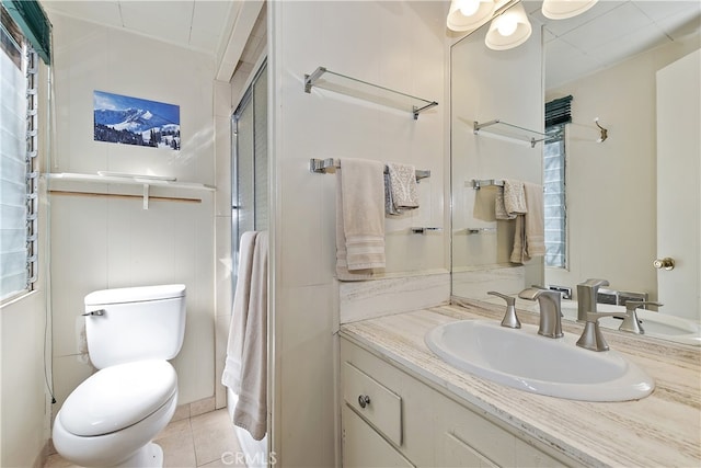 177 Joaquin Miller Rd, Lake Arrowhead, CA 92352 - bathroom featuring toilet, vanity, a shower with door, and tile patterned floors