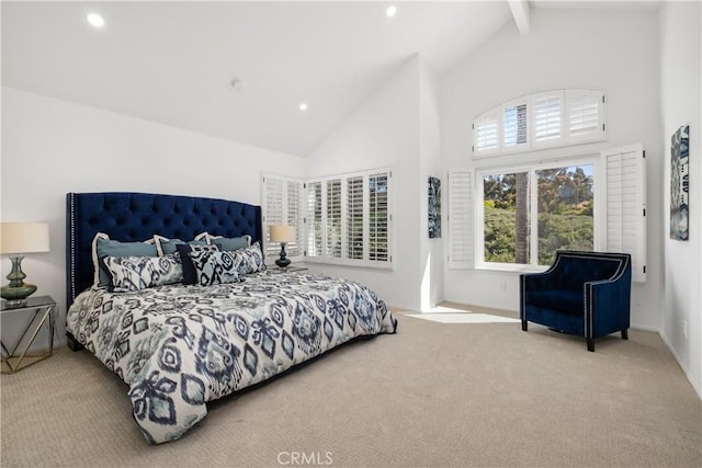 bedroom with carpet floors, beamed ceiling, high vaulted ceiling, and recessed lighting