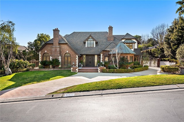 tudor house with brick siding, a chimney, and a front yard