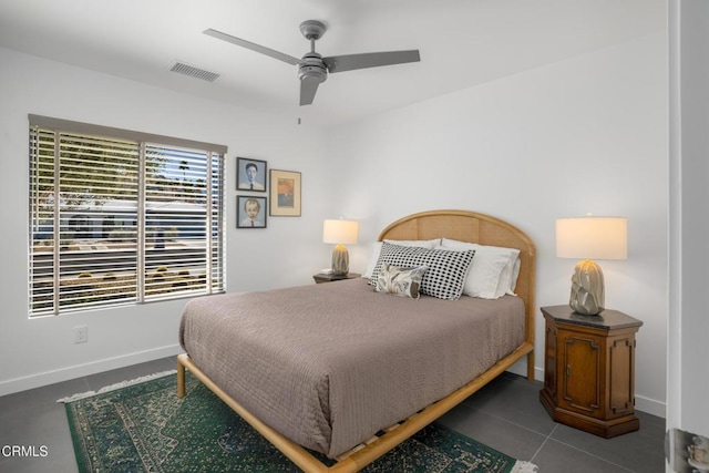 bedroom featuring a ceiling fan, visible vents, and baseboards