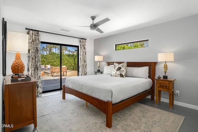 bedroom featuring ceiling fan, access to outside, visible vents, and baseboards