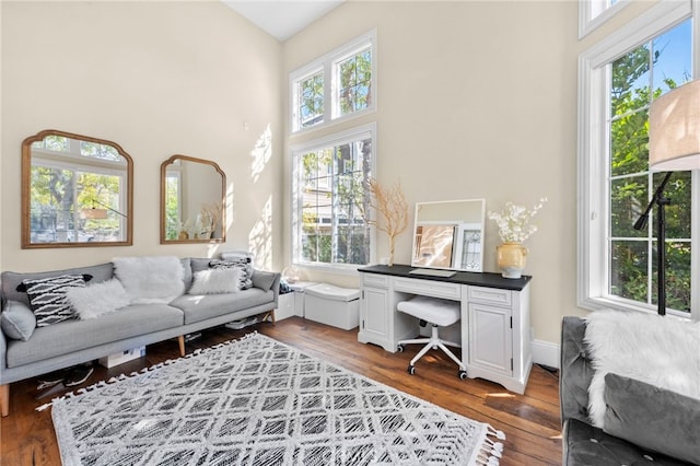 living room with a high ceiling, hardwood / wood-style flooring, and baseboards