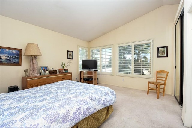 bedroom with lofted ceiling and carpet flooring