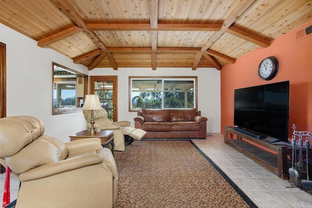 living room with lofted ceiling with beams, light tile patterned floors, visible vents, and wood ceiling