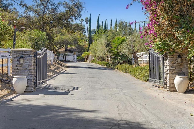 view of road with curbs, a gated entry, and a gate