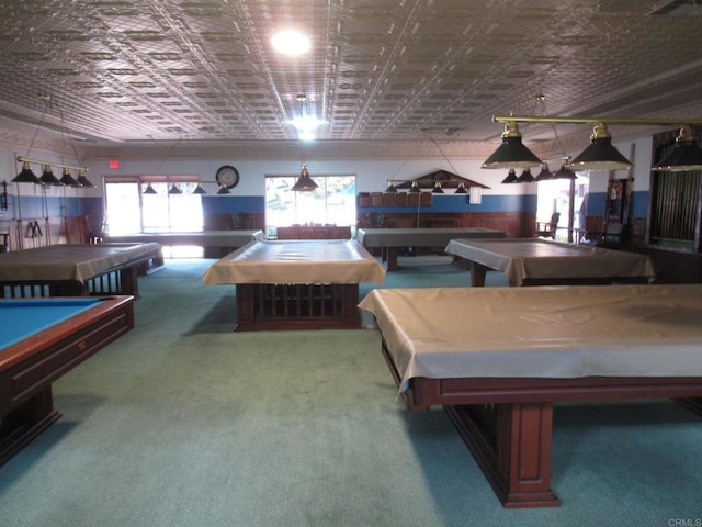 rec room featuring an ornate ceiling, pool table, and carpet flooring