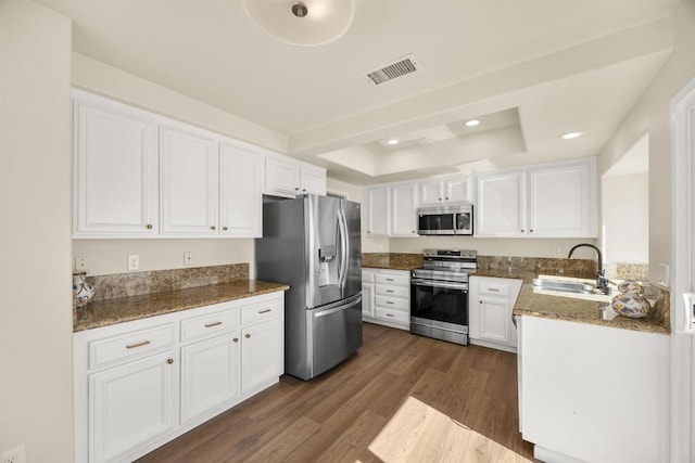 kitchen featuring a tray ceiling, visible vents, appliances with stainless steel finishes, white cabinets, and a sink