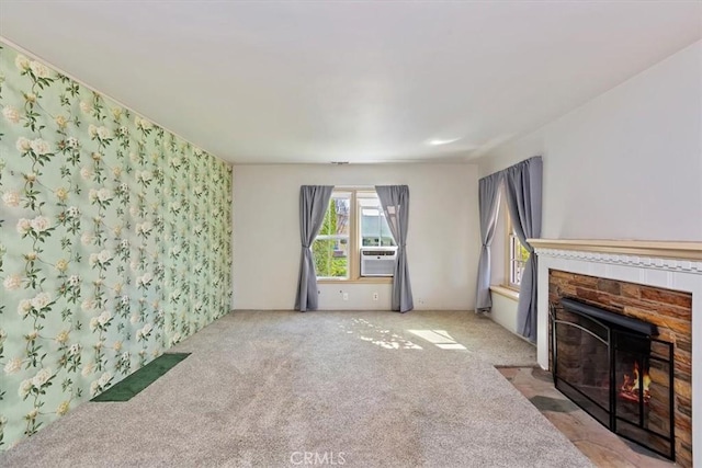 living room featuring light carpet, a fireplace with flush hearth, and cooling unit