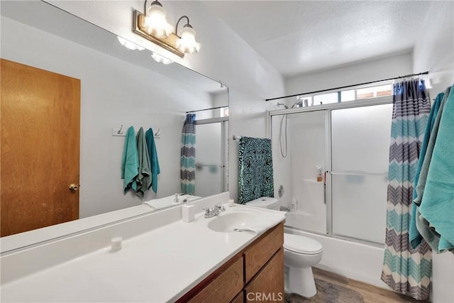 full bathroom with shower / bath combination with curtain, vanity, toilet, and wood finished floors