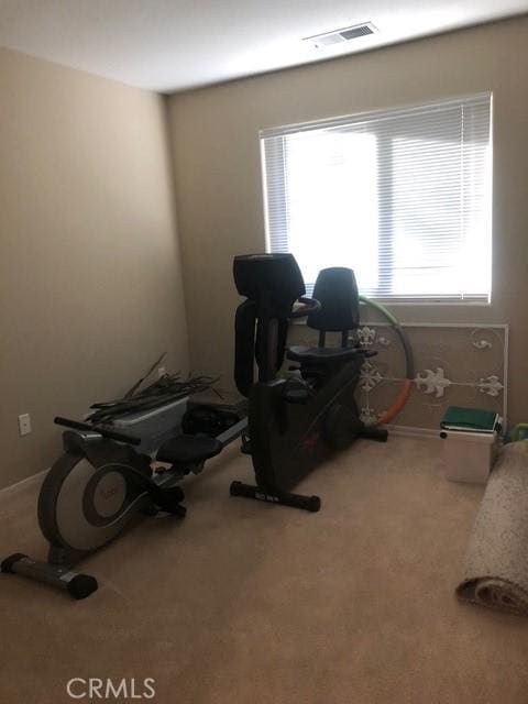 exercise area with carpet flooring and visible vents