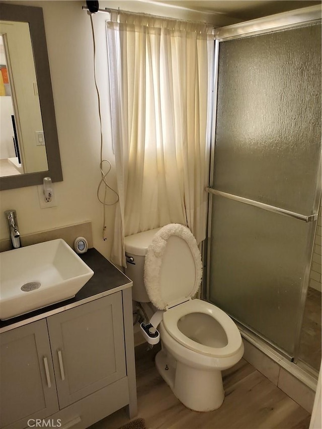 full bath featuring vanity, toilet, and a stall shower