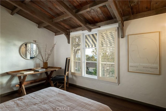 bedroom with dark wood-style floors, wood ceiling, beamed ceiling, and baseboards