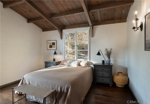 bedroom with wooden ceiling, baseboards, dark wood-style floors, and beamed ceiling