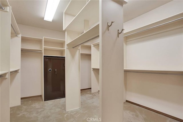 spacious closet featuring light colored carpet