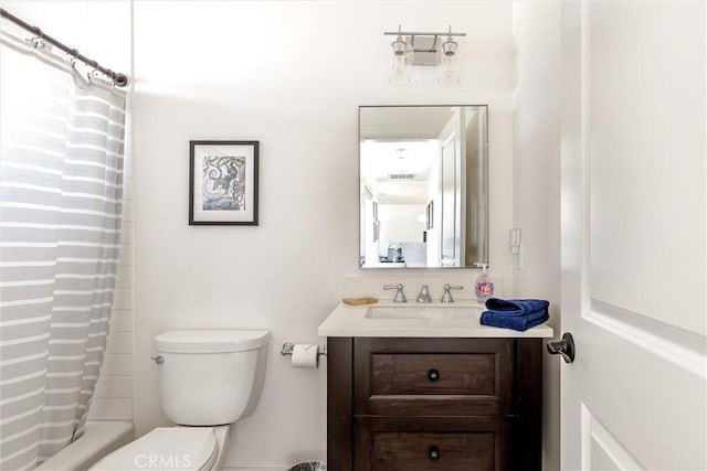 bathroom with toilet, visible vents, shower / bath combination with curtain, and vanity