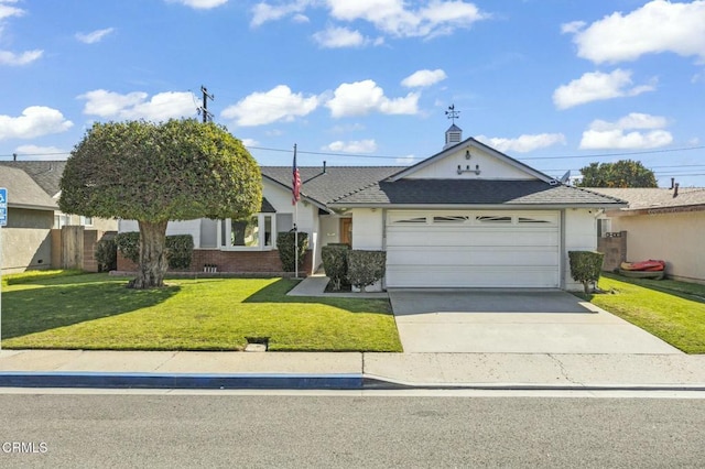 single story home featuring a front yard, brick siding, driveway, and an attached garage