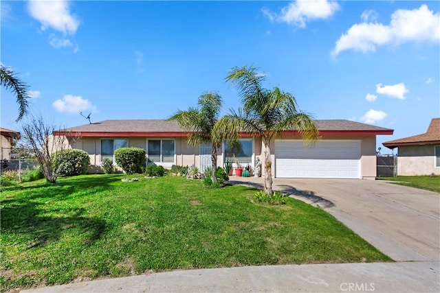 ranch-style home with a garage, concrete driveway, a front lawn, and stucco siding