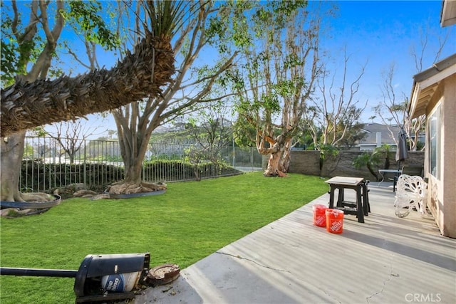 view of yard with a fenced backyard and a patio