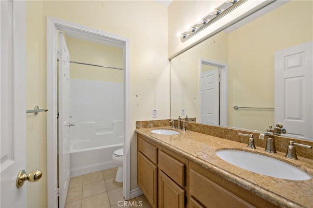 full bath with double vanity, tile patterned flooring, a sink, and toilet