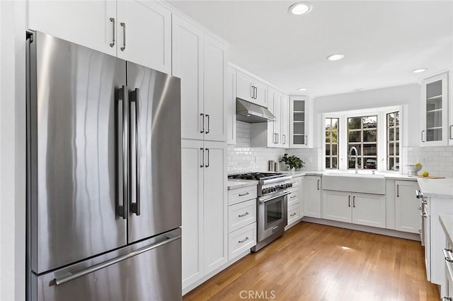 kitchen with under cabinet range hood, stainless steel appliances, a sink, light countertops, and light wood finished floors