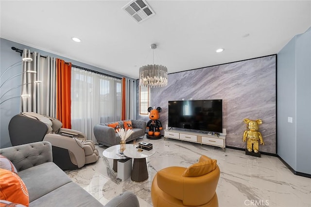 living room featuring marble finish floor, recessed lighting, visible vents, an accent wall, and a chandelier