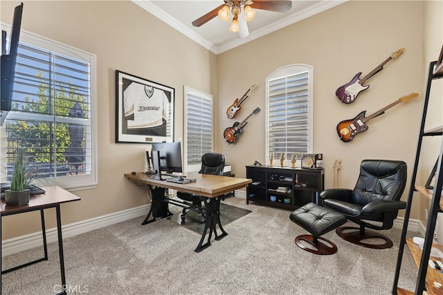 carpeted office featuring ceiling fan, ornamental molding, and baseboards