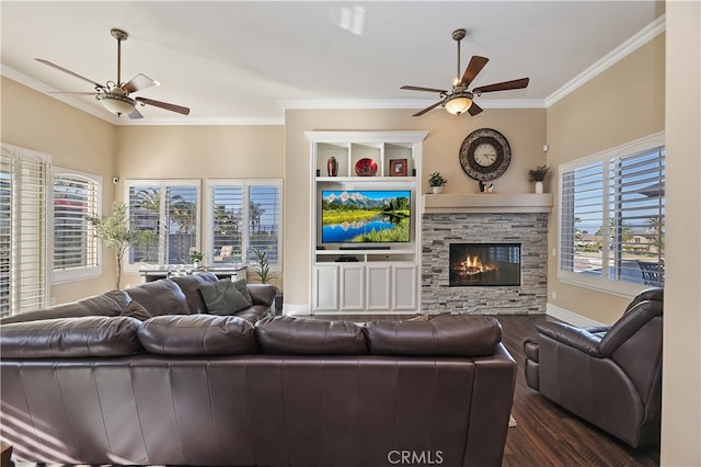 living room featuring a stone fireplace, dark wood-style flooring, a ceiling fan, and crown molding