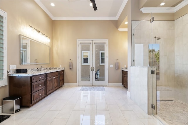 full bathroom featuring baseboards, french doors, and crown molding