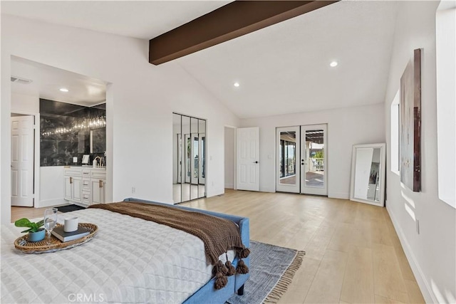 bedroom featuring lofted ceiling with beams, recessed lighting, baseboards, light wood-style floors, and access to outside