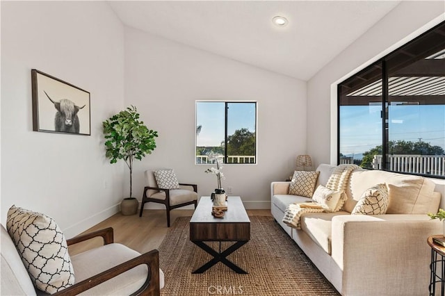 living area featuring a healthy amount of sunlight, baseboards, vaulted ceiling, and wood finished floors