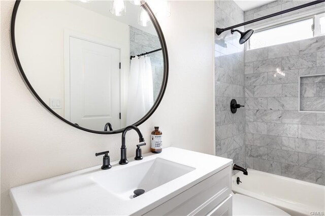 full bath with shower / bath combo with shower curtain and vanity
