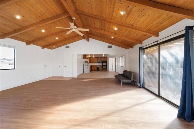 unfurnished living room featuring vaulted ceiling with beams, wooden ceiling, visible vents, and light wood finished floors