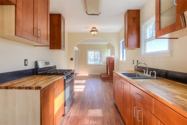 kitchen with butcher block counters, a sink, a wealth of natural light, brown cabinets, and gas range