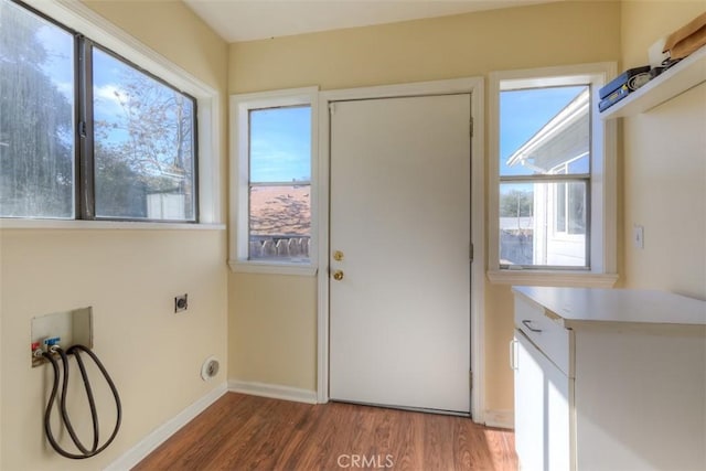 clothes washing area featuring laundry area, washer hookup, wood finished floors, and a wealth of natural light