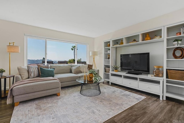 living room featuring dark wood-style flooring