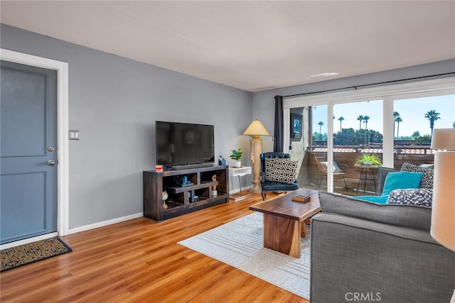 living room with baseboards and wood finished floors