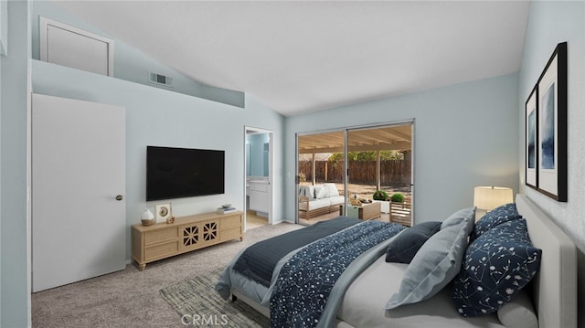 carpeted bedroom featuring access to exterior, visible vents, and vaulted ceiling