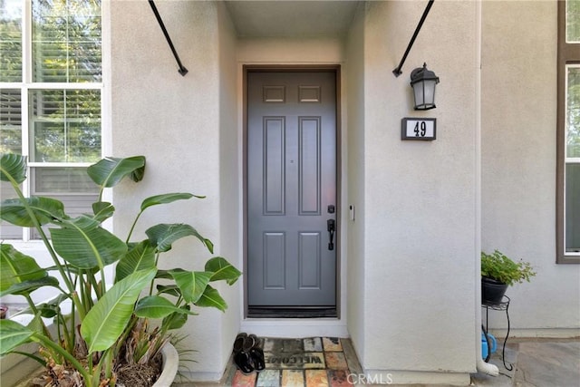 view of exterior entry featuring stucco siding